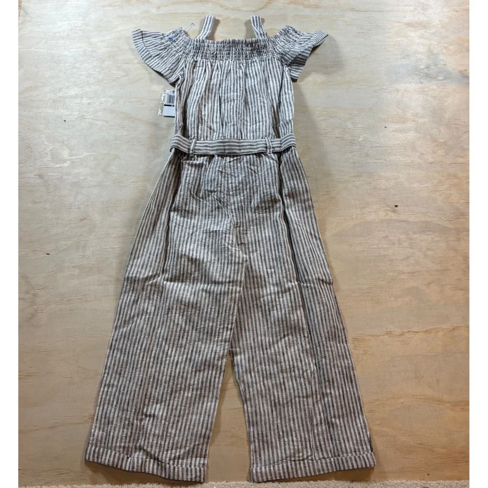 7 For All Mankind Beige and White Striped Linen-Blend Jumpsuit